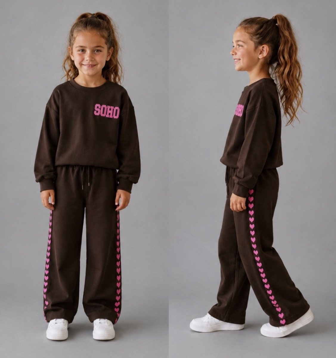 Meisjes Set 2-Delig Bruin Roze – Comfy Joggingpak Met Hartjes – Sweater & Wijde Broek – Herfst Winter Kinderkleding - Maat 158/164
