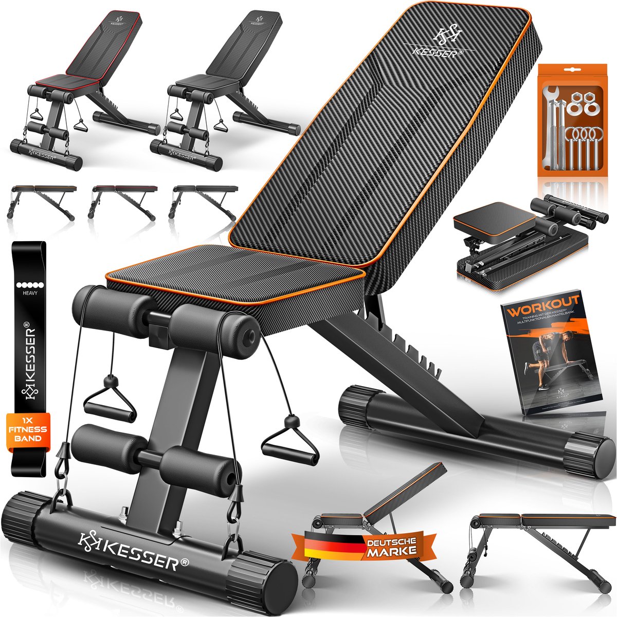 KESSER® Halterbank - opklapbaar en verstelbaar - belastbaar tot 500 kg - zwart/oranje