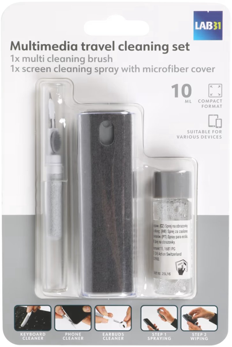 Lab31 multimedia schoonmaakset - spray, microvezel en borsteltje - Geschikt voor onder andere telefoon, tablet, laptop & oordopjes
