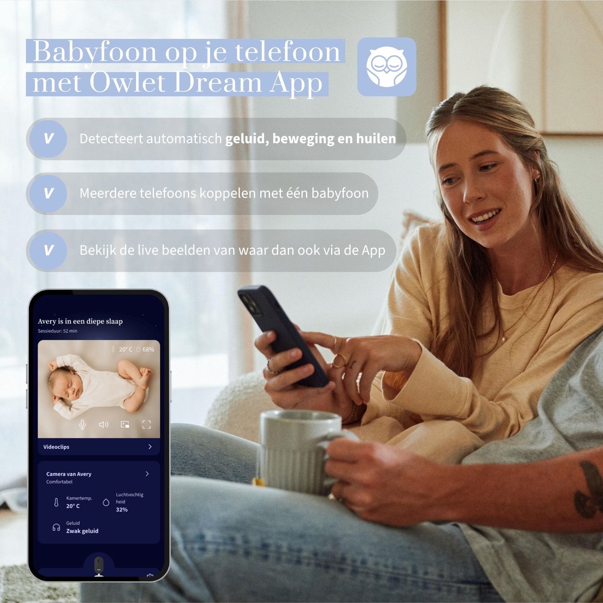 Owlet Dream Sight™ Babyfoon met camera 2K HD Camera – Baby monitor met Huil-, Geluids- & Bewegingsdetectie - Volg overal live via je telefoon met Gratis Dream App - Wit thumbnail 2