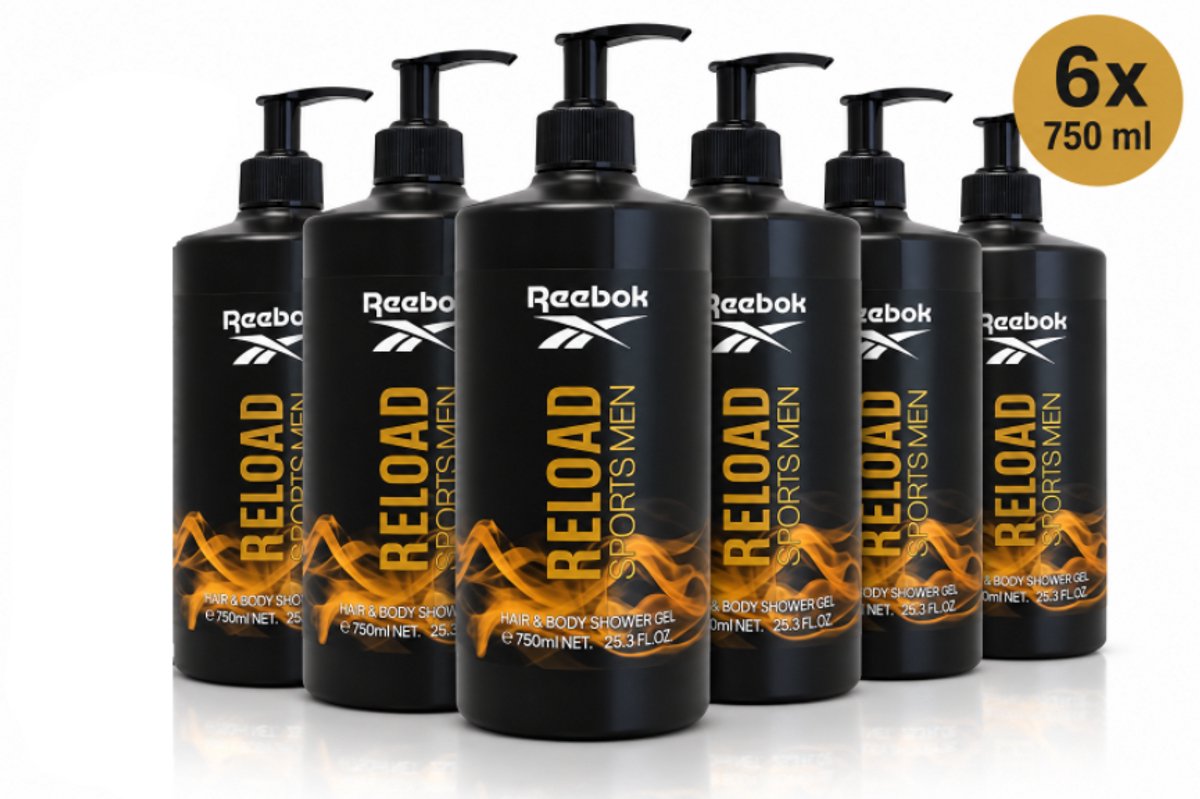 Reebok Reload Sports Men Hair & Body Shower Gel – 750 ml – Heren – 6 stuks