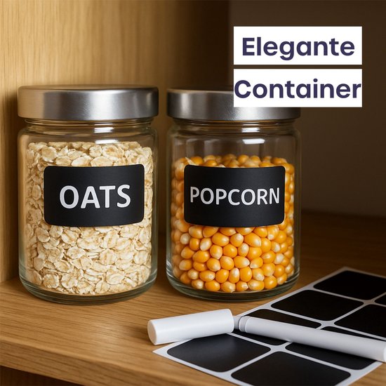 Twee glazen potten gevuld met haver en popcorn, met zwarte etiketten en een witte markeerstift op een houten plank.