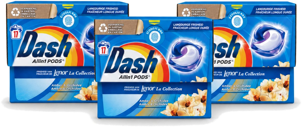 3 x Dash - Lenor Collectie - Wasmiddel Capsules - All-in-1 Pods - Witte en Gekleurde Was - Amber & Orchidee - 17 Wasbeurten - Voordeelverpakking - 3 stuks