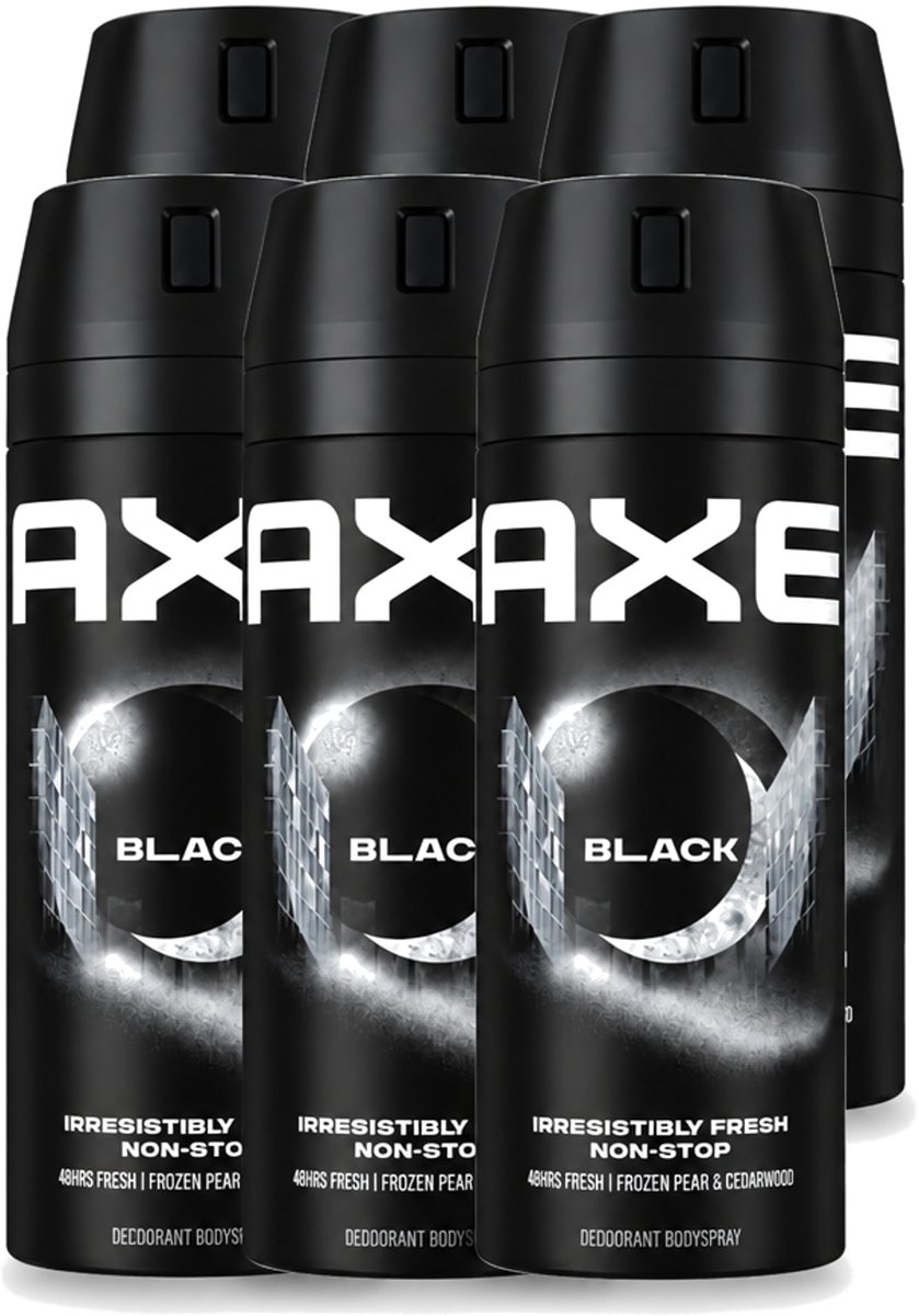 6 x Axe - Deodorant Bodyspray - 48hrs Fresh - Black - Frozen Pear & Cedarwoord - 150 ml - Voordeelverpakking - 6 stuks