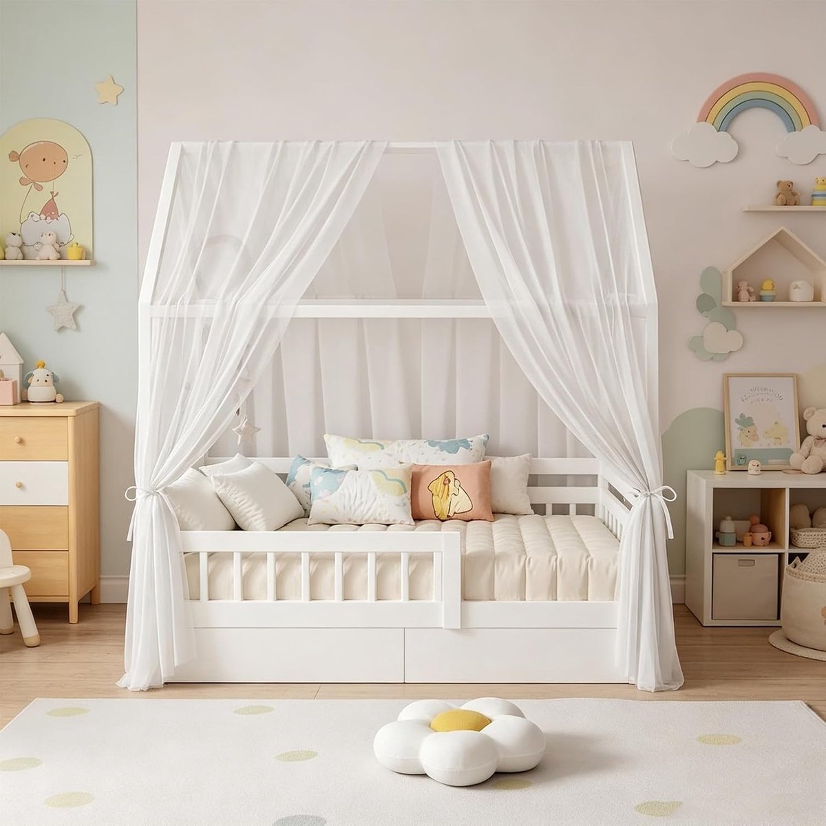 Sky House Bed Muslin met 2-delige Bedluifel voor Kinderbedden, Decoratie voor Jongens en Meisjes, 150 x 350 cm, Wit