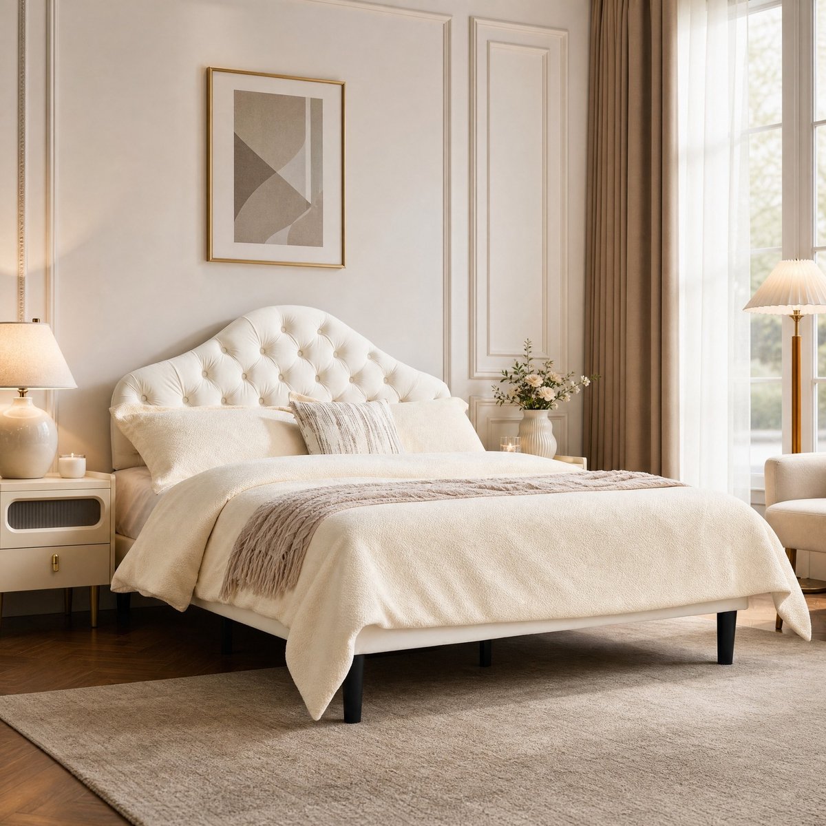 WUVRIE Gestoffeerd bedframe 140x200 cm met verstelbaar hoofdbord en houten lattenbodem, beige