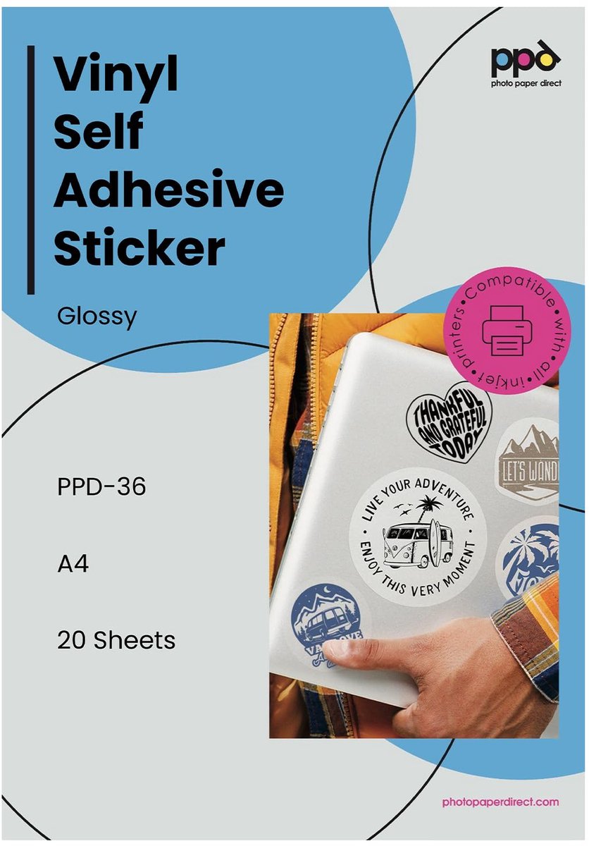 PPD A4 x 20 vellen Inkjet PREMIUM Stickerfolie Wit Glanzend Zelfklevend, Microporeuze Coating voor Full Colour Prints - ShopVlot