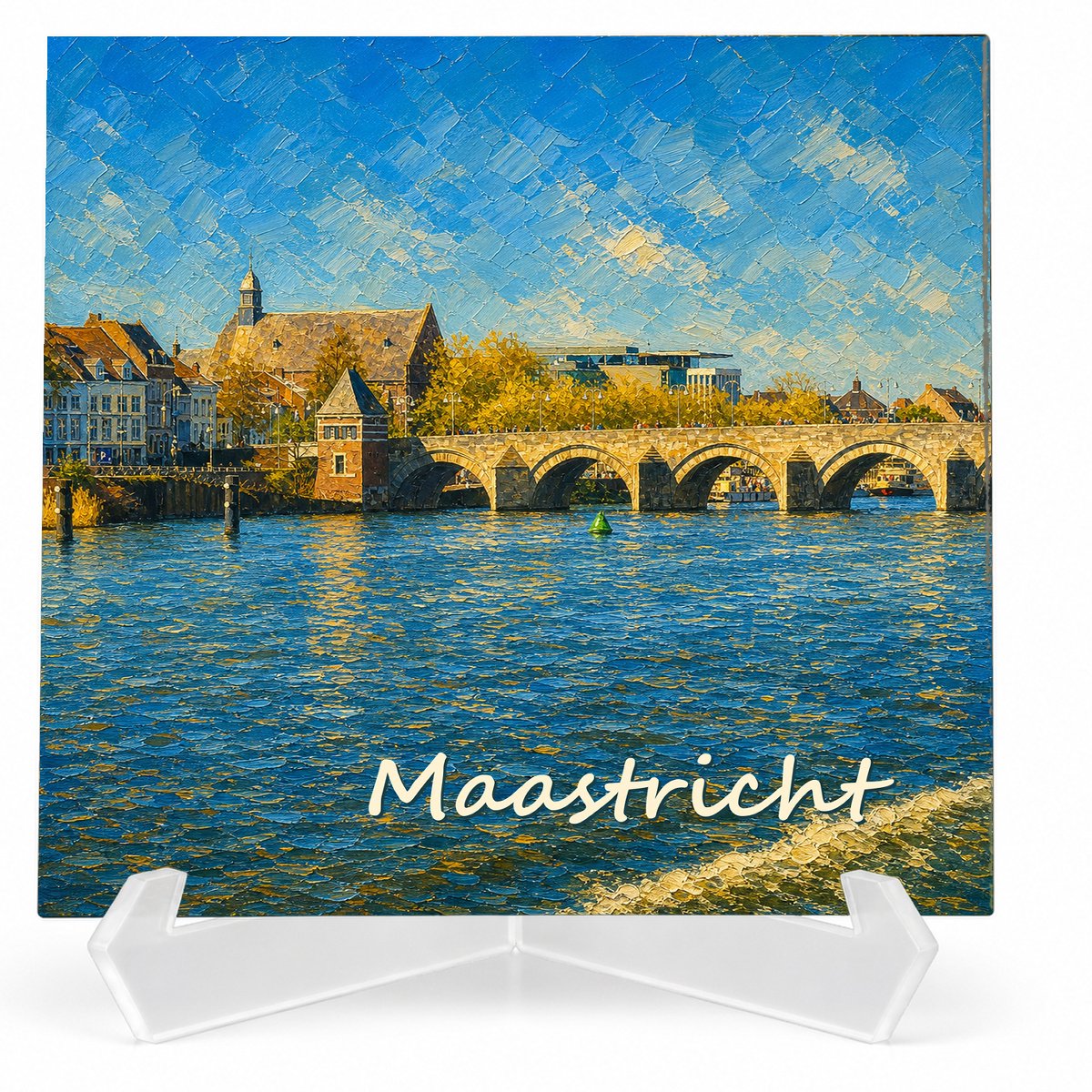 Kleurmedia Tegeltje Maastricht – Sint Servaasbrug – Keramiek 15 x 15 cm – Inclusief transparante houder – Souvenir