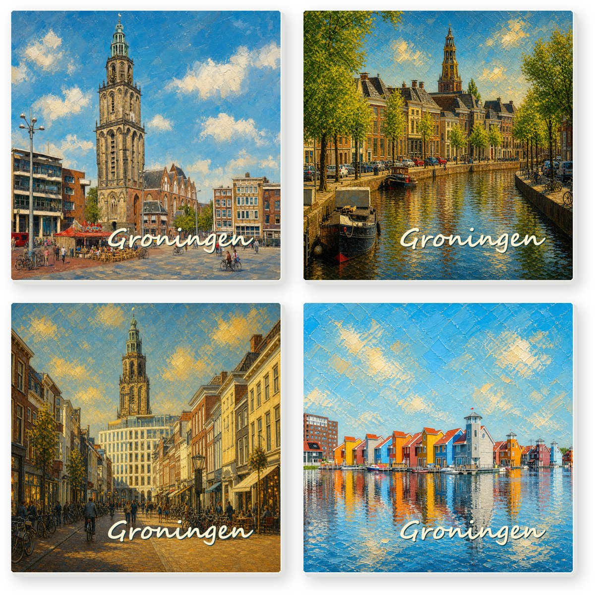 Kleurmedia Tegeltjes Groningen – Set van 4 – Keramiek 15 x 15 cm – Inclusief 4 transparante houders – Souvenir