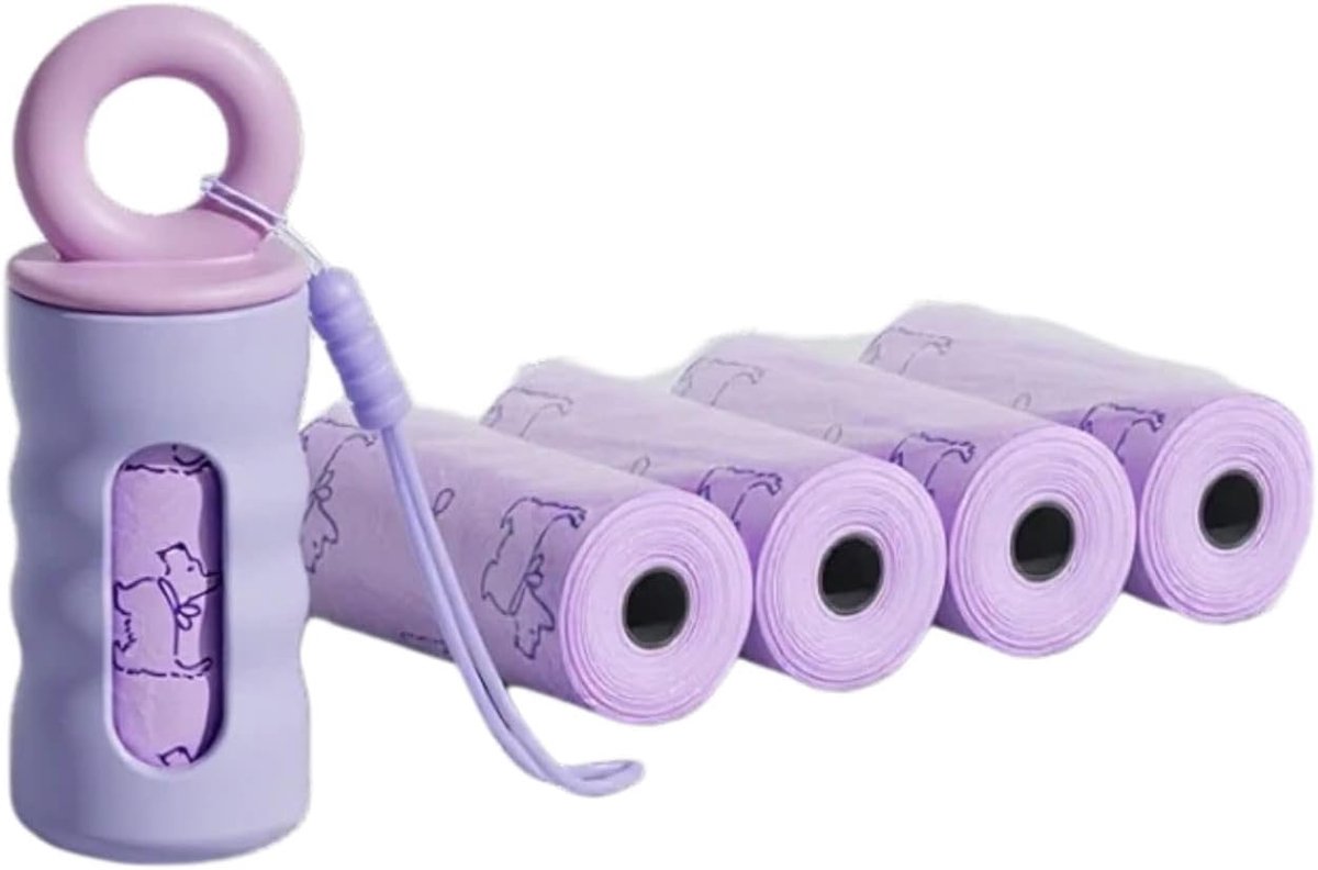 Een draaibare poepzakjeshouder met bevestigingsclip voor de hondenlijn (paars); deze compacte houder is geschikt voor de meeste hondenlijnen, biedt gemakkelijke toegang tot de zakjes en is daardoor ideaal voor de dagelijkse wandeling met de hond.