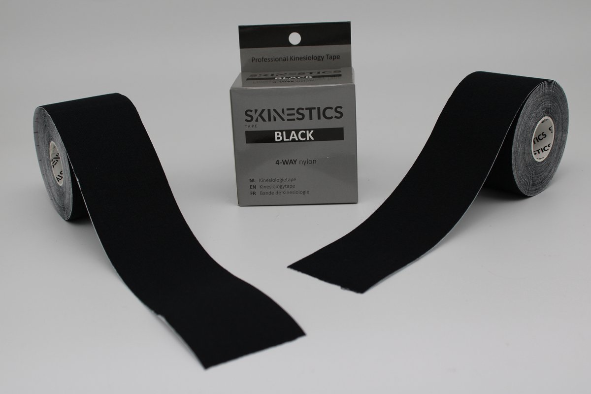 Duo pack Skinestics Sport tape – Fysio tape – Kleur zwart 4-way – nu 20% langer, 600 cm lang bij 5 cm breed, 170% rekbaar gelijk aan menselijke huid, standaard voorzien van extra sterke lijm, katoen, voor het hele lichaam