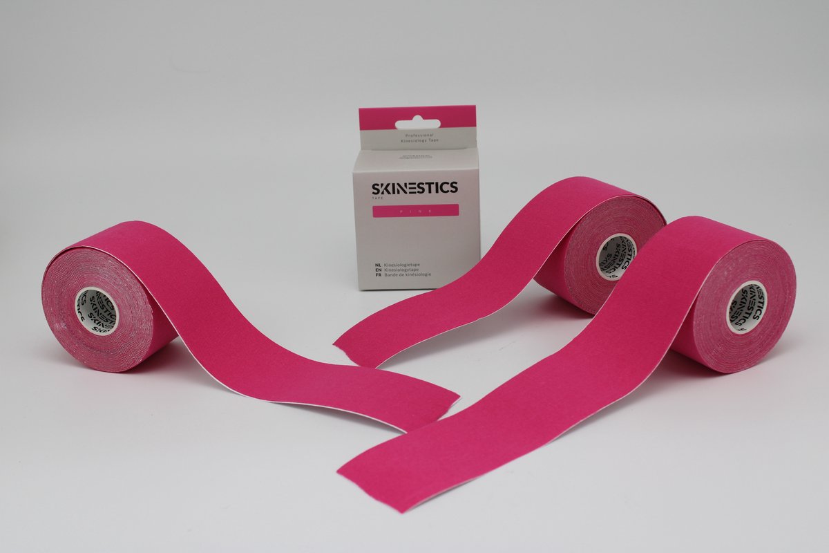 Triple pack Skinestics Sport tape – Fysio tape – Kleur Roze – nu 20% langer, 600 cm lang bij 5 cm breed, 170% rekbaar gelijk aan menselijke huid, standaard voorzien van extra sterke lijm, katoen, voor het hele lichaam, spier ondersteuning