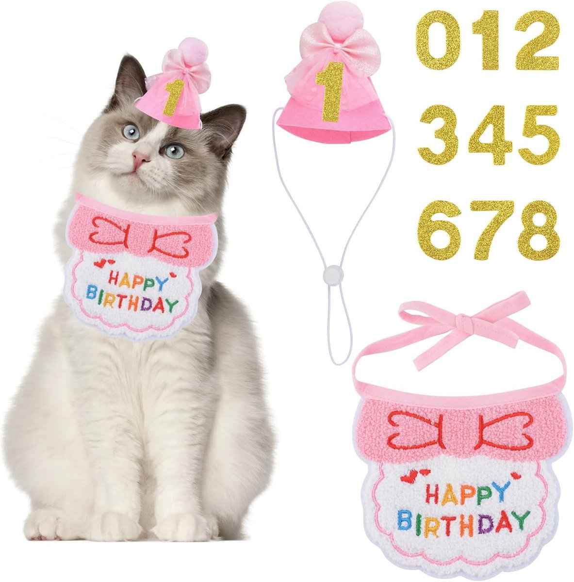 Verjaardagshoed voor katten, bandana sjaal en 3-delige feestoutfit voor huisdieren, versieringen voor kattenverjaardagsfeest, feestaccessoires voor huisdieren en hondenkostuums