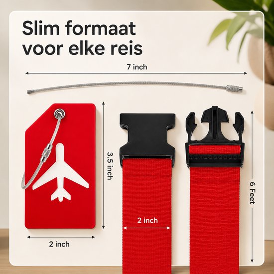 Rood bagagelabel met vliegtuig-icoon, zilverdraad en maatindicaties voor bagageriem van 2 inch breed en 6 voet lang.