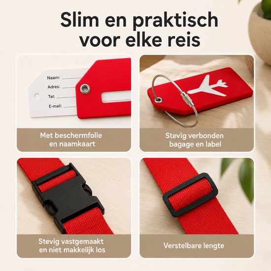 Vier afbeeldingen: rood bagagelabel met naamkaart, rood bagagelabel met vliegtuig-icoon, rode kofferriem met gesp, rode kofferriem met verstelmechanisme.
