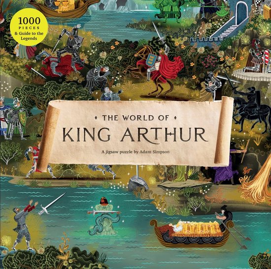 Puzzel "The World of King Arthur" met 1000 stukjes, met ridders, paarden en boten in een middeleeuws tafereel.
