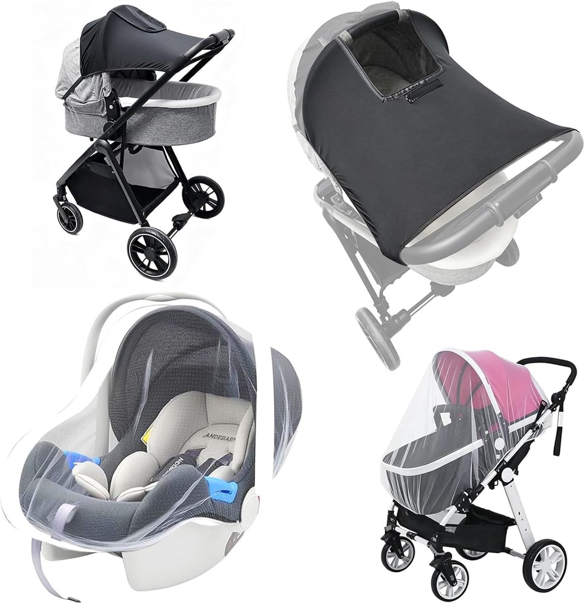 Zonwering en Insectenwering voor Universele Kinderwagens, Parasol en Muggennet voor Baby's, Ideaal voor Buitenactiviteiten en Slaapcomfort