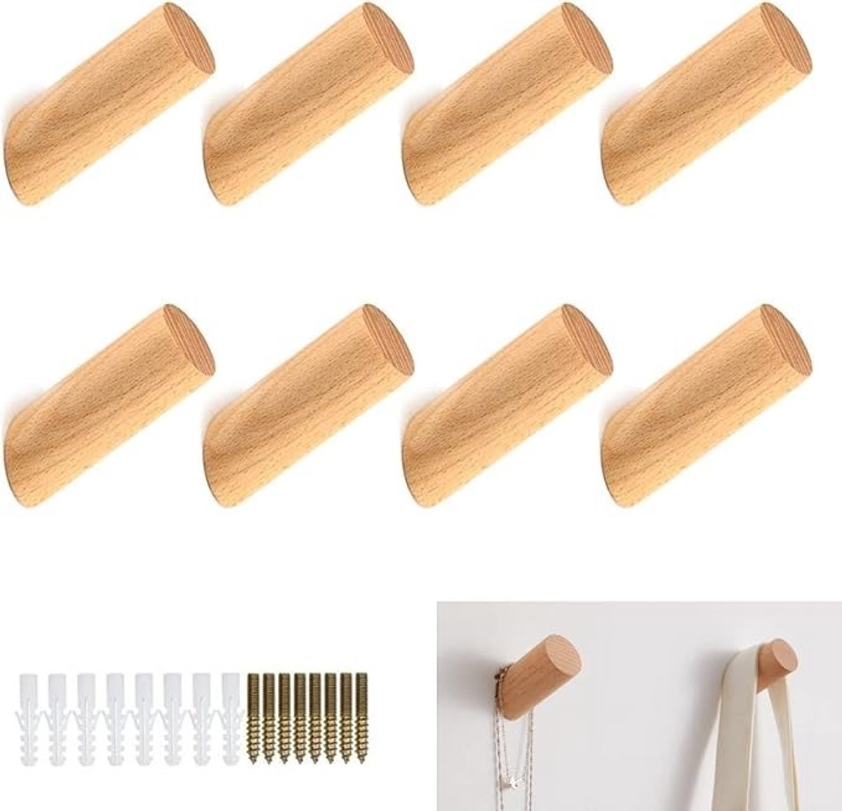 PolkaHome Houten Wandhaken Set van 8 - Cilindrische Kapstokhaken met Schuin Ontwerp voor Jassen, Tassen en Hoeden