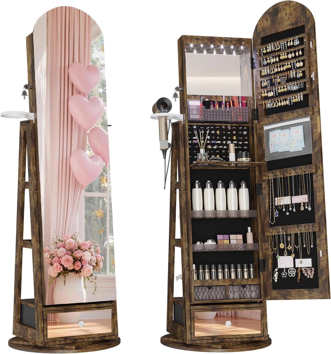 Sieradenkast met spiegel - Staande organizer - Sieraden opbergen - 360 graden draaibaar - 163 x 37 cm - Bruin