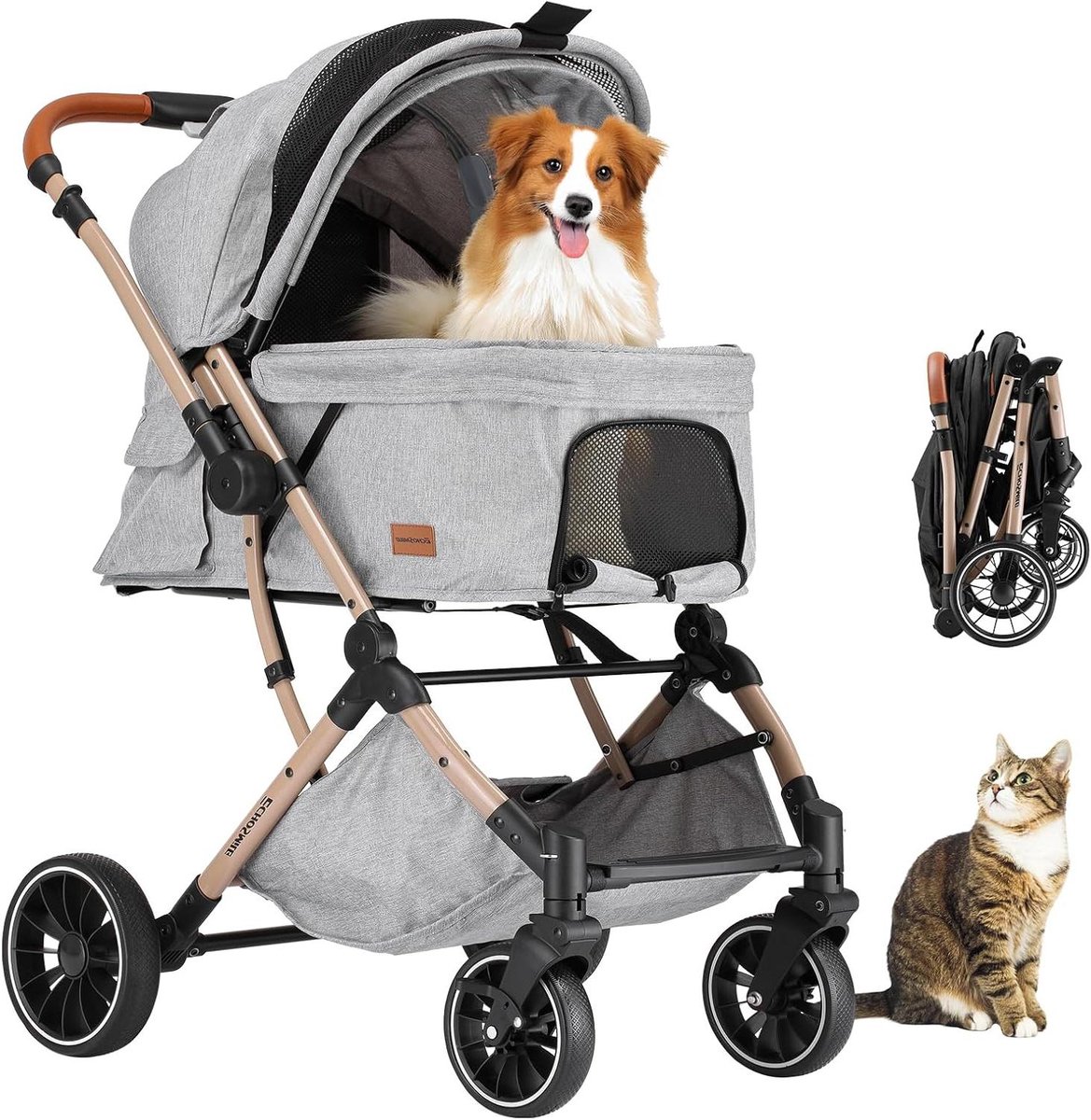 Opvouwbare Hondenwagen - Hondenbuggy Kattenwagen - Comfortabel Vervoer - Schokdemping Omkeerbaar - Tot 20 kg - Grijs