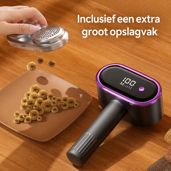 Pluizenverwijderaar met paars accent, scherm "100" en een extra opvangbak met pluisjes.