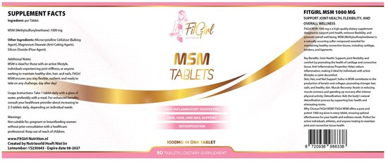 Verpakking met 90 FitGirl MSM 1000 mg tabletten. Tekst bevat supplement facts en voordelen.