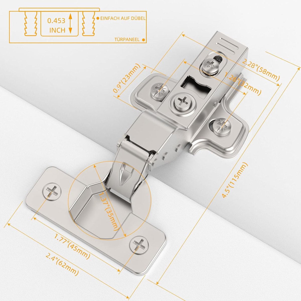 Scharnieren met aanslag binnenaanslag – openingshoek 110° met hydraulische veer – softclose – boorafstand 45 mm – voor keuken