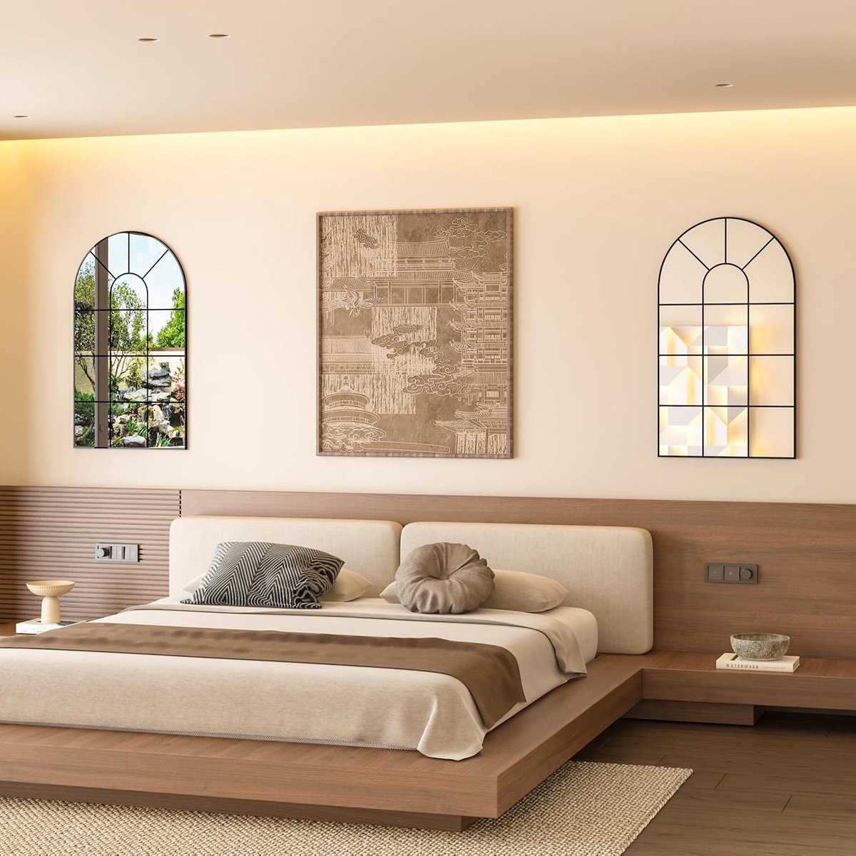 Wandspiegel voor gebogen ramen, 80x50 cm, decoratieve spiegel, ijdelheidsspiegel voor badkamer, slaapkamer, woonkamer, vensterspiegel, boerderijspiegel, zwart