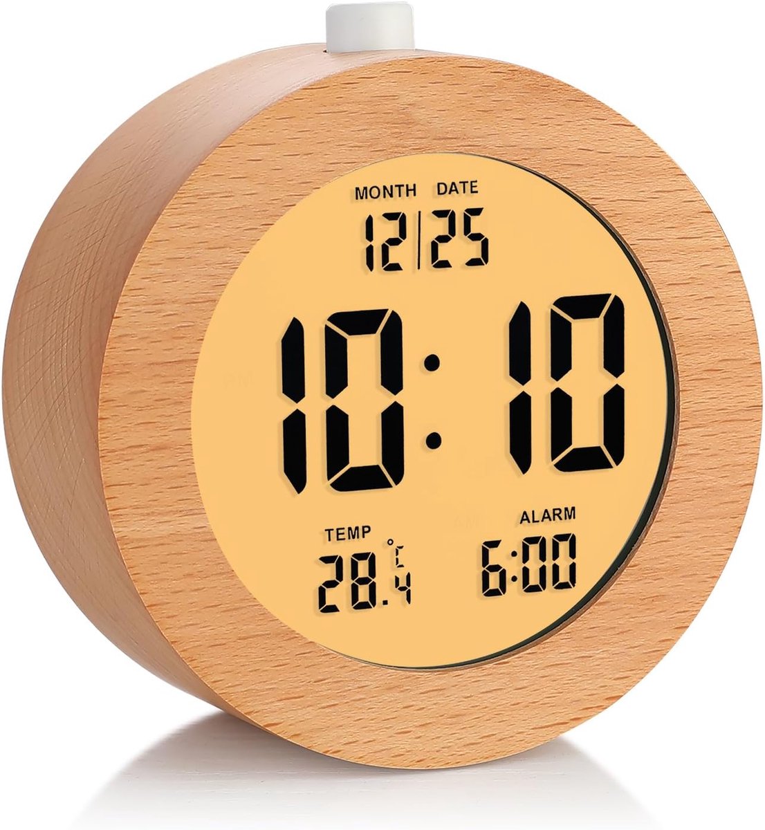 Houten Digitale Wekker, Houten 4'' Wekker op Batterijen met Sluimerfunctie en Nachtlampje, LCD-Bureauklok met Weergave van Tijd/Datum/Temp (Bruin, Rond 4.1'')