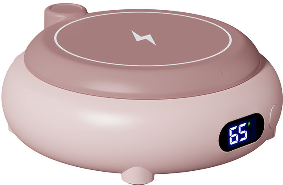 Multifunctionele drankverwarmer met instelbare temperatuur (45 tot 65 °C), klok en beveiligingsfunctie; geschikt voor warme dranken en het opladen van apparaten - roze