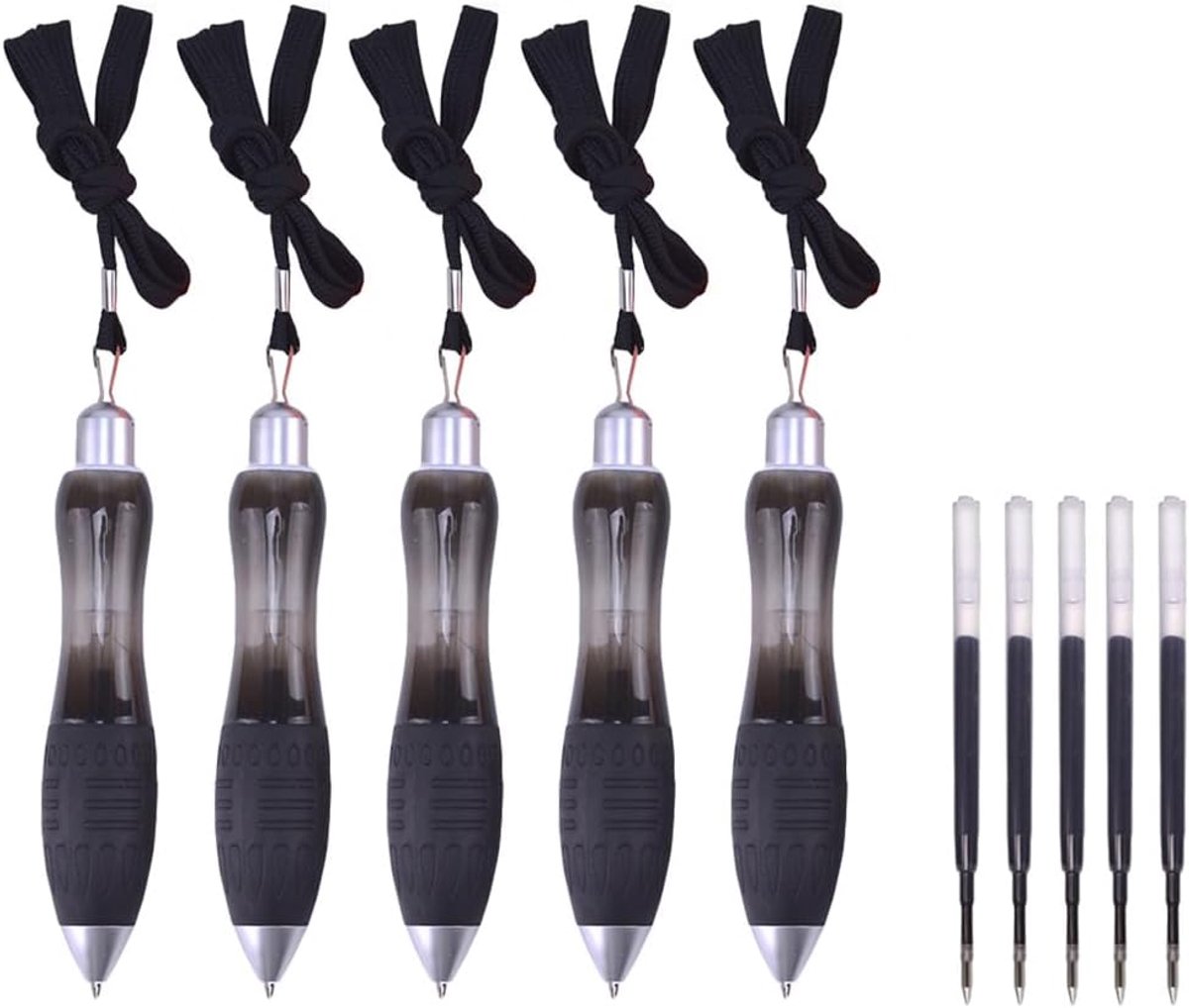 5 stuks pennen met brede grip met lanyard en vullingen, grote vet gewogen balpen voor zwakke handen artritis tremoren [zwarte inkt]
