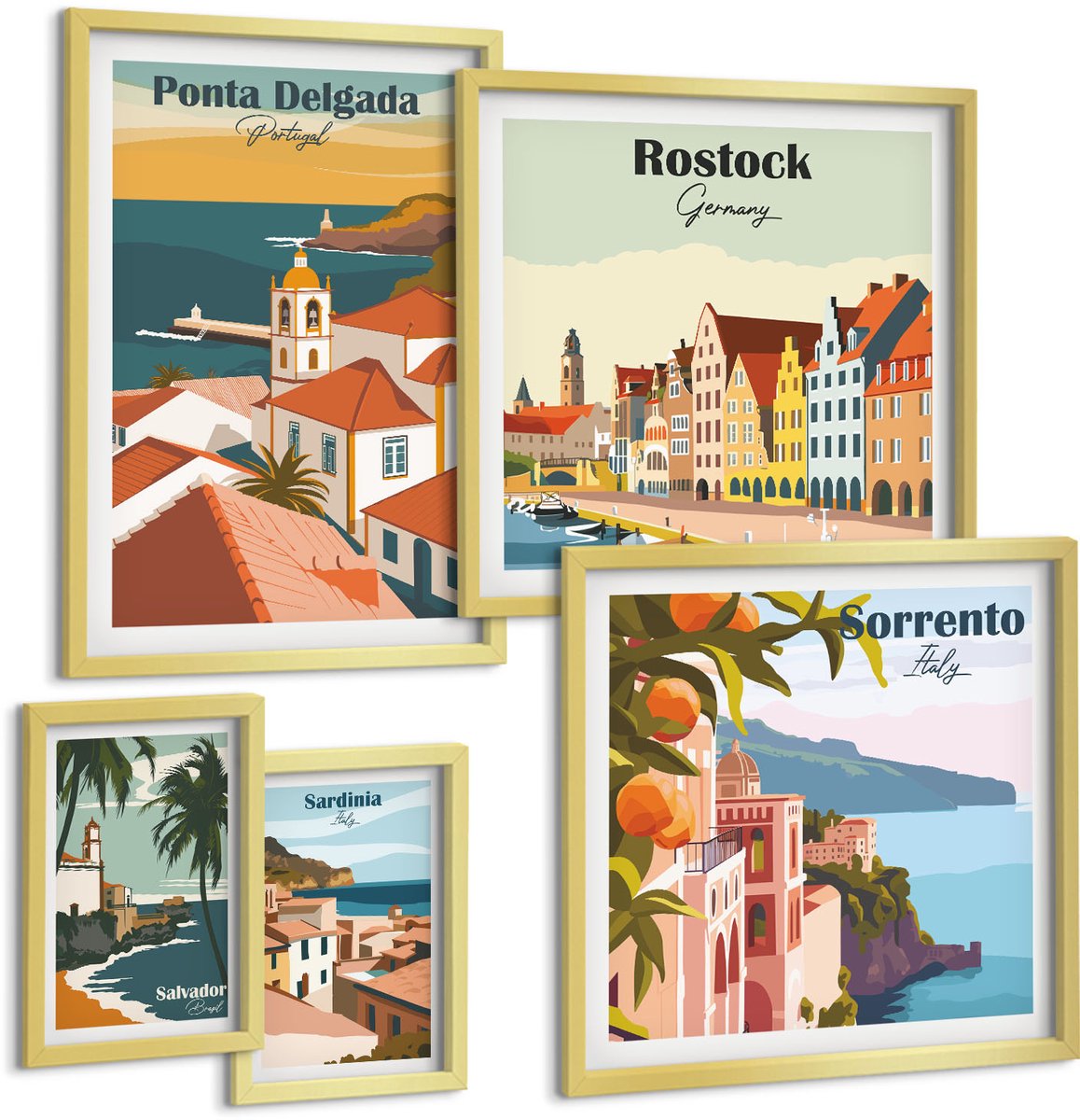 Coloray 5-Delige Schilderij Set - Uitzichten Op Pittoreske Landschappen Vanuit Europese Steden - 50 x 50 cm, 20 x 30 cm En 40 x 60 cm - Decoratieve Muurdecoratie - Slaapkamer