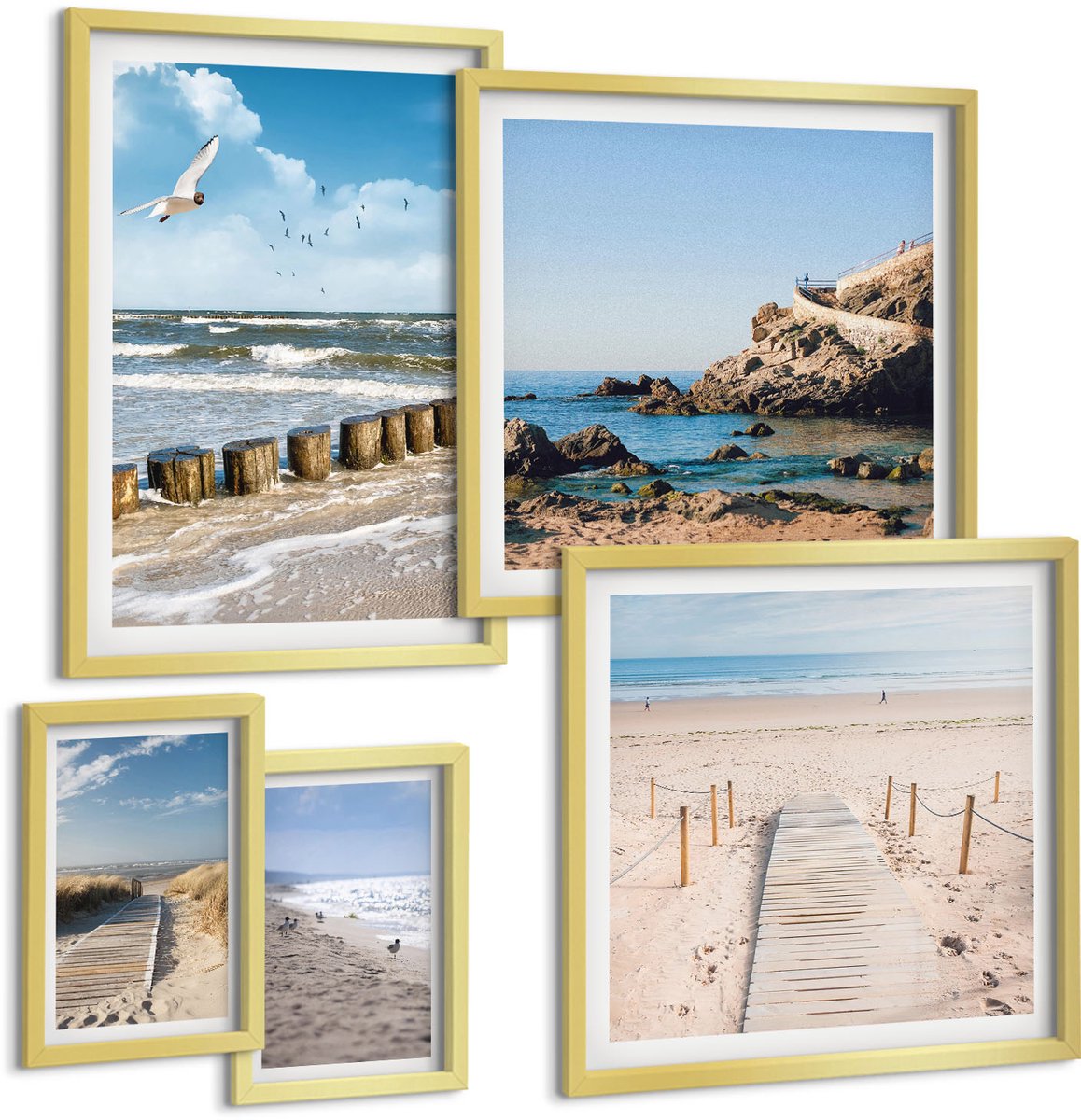Coloray 5-Delige Schilderij Set - Kustlandschappen Met Stranden En Uitzicht Op Zee - 50 x 50 cm, 20 x 30 cm En 40 x 60 cm - Stijlvolle Muurdecoratie - Slaapkamer - Woonkamer Decoratie