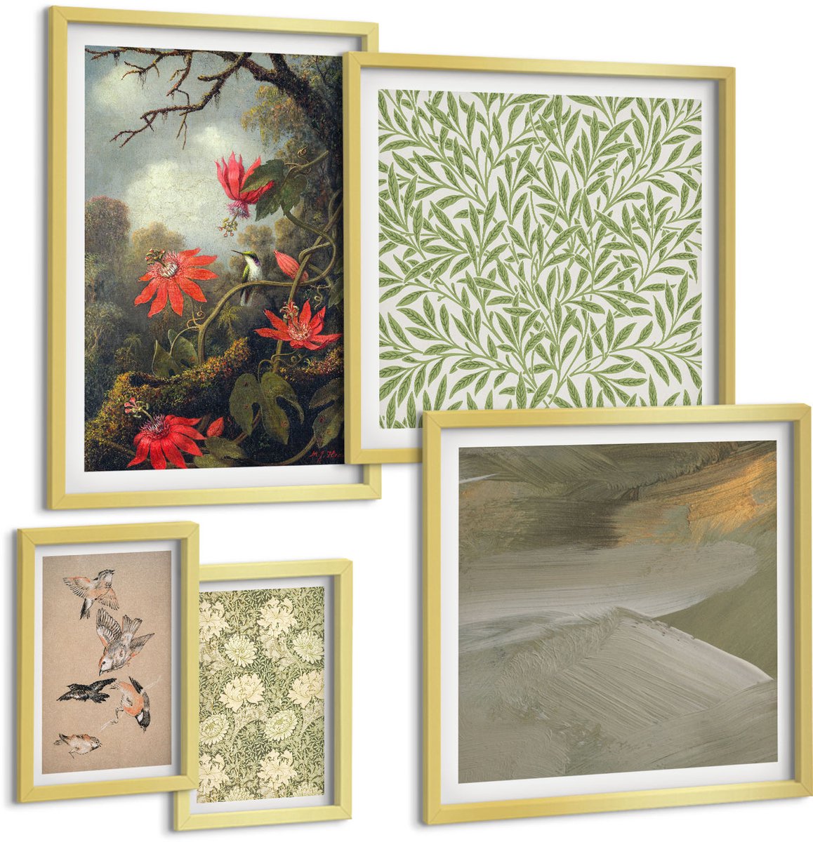 Coloray 5-Delige Schilderij Set - Bloemen En Vogels In Natuurlijke Decoratieve Motieven - 50 x 50 cm, 20 x 30 cm En 40 x 60 cm - Wanddecoratie - Muurdecoratie - Moderne Interieurdecoratie