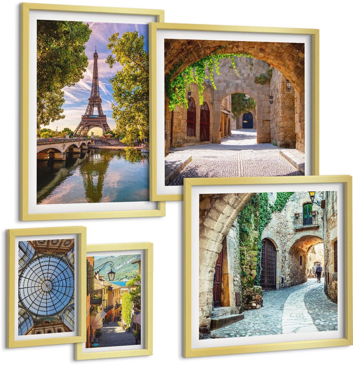 Coloray 5-Delige Schilderij Set - Betoverende Uitzichten Op Europese Steden En Architectuur - 50 x 50 cm, 20 x 30 cm En 40 x 60 cm - Stijlvolle Muurdecoratie - Kantoor
