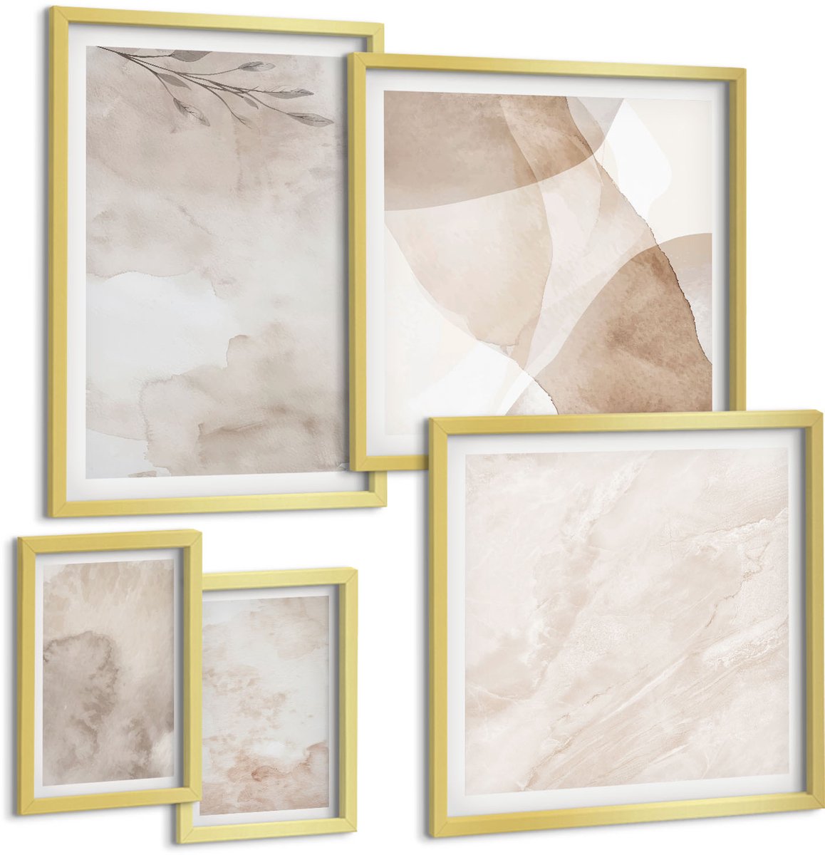 Coloray 5-Delige Schilderij Set - Textuur Van Gemorste Aquarelverf In Boho-Stijl - 50 x 50 cm, 20 x 30 cm En 40 x 60 cm - Wanddecoratie - Muurdecoratie - Moderne Interieurdecoratie - Decoratieve Schilderijen