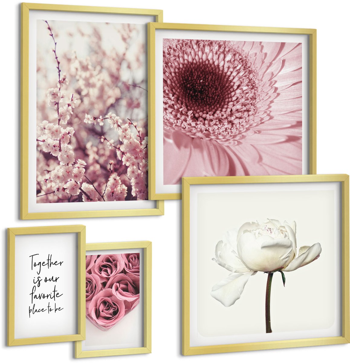 Coloray 5-Delige Schilderij Set - Bloemeninspiratie Voor Romantische Interieuraccenten - 50 x 50 cm, 20 x 30 cm En 40 x 60 cm - Wanddecoratie - Moderne Interieurdecoratie - Stijlvolle Muurdecoratie