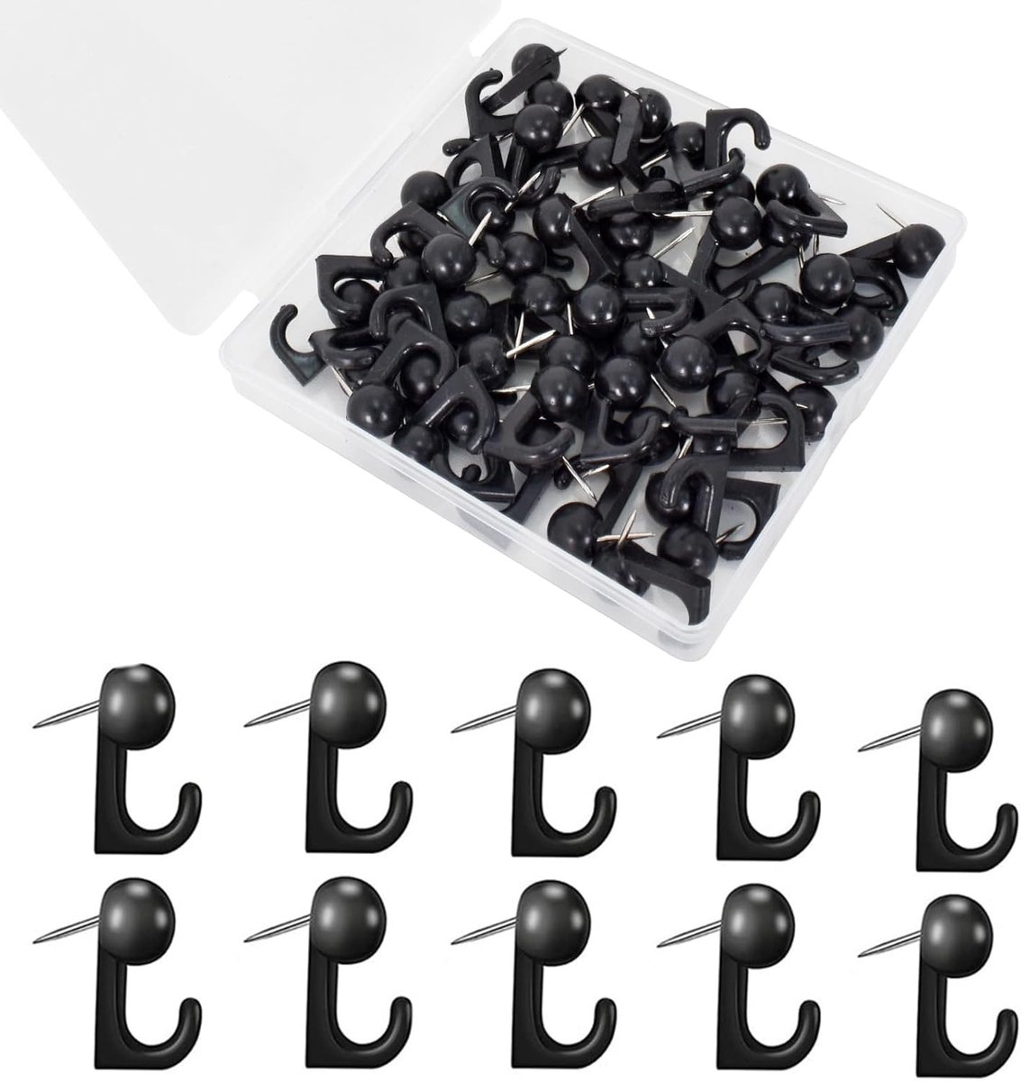 Punaishaken, kunststof, 50 stuks, push pinhaken, koppen, pin-tacks, speldenhanger, punaises, haakjes, punaises met haken voor kantoor, school, thuis, decoratie, push pin-hanger (zwart)