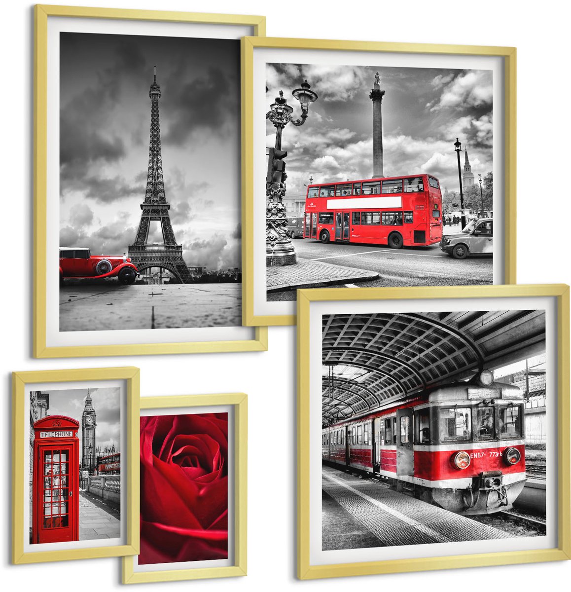 Coloray 5-Delige Schilderij Set - Europese Architectonische Iconen En Klassieke Voertuigen - 50 x 50 cm, 20 x 30 cm En 40 x 60 cm - Muurdecoratie - Schilderijen Set - Woonkamer