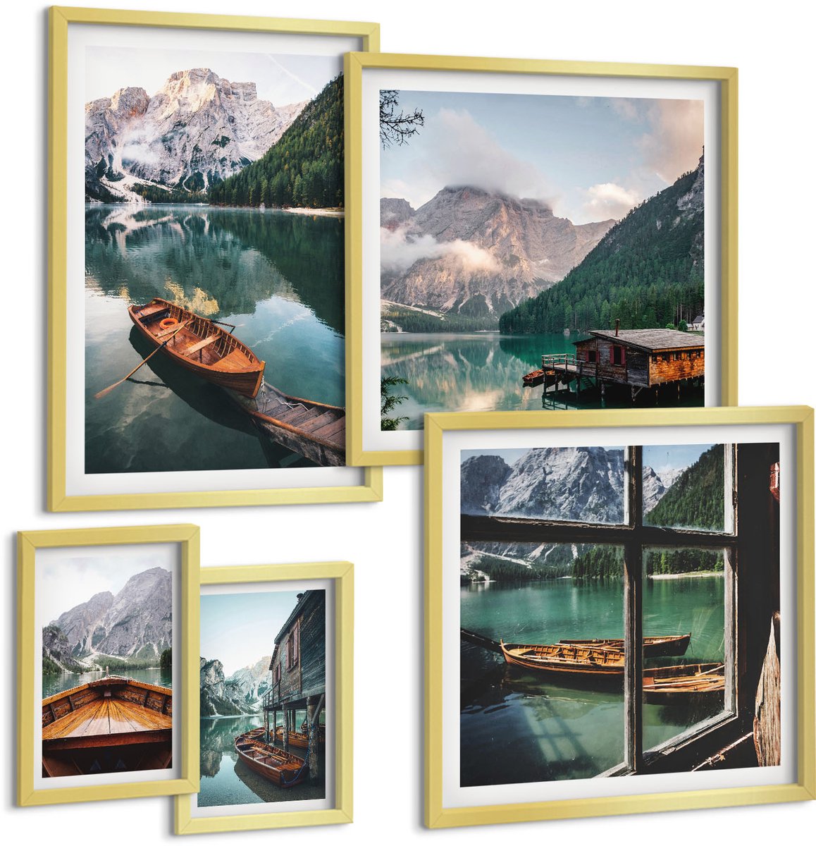 Coloray 5-Delige Schilderij Set - Rustige Meren En Berglandschappen Met Boten - 50 x 50 cm, 20 x 30 cm En 40 x 60 cm - Wanddecoratie - Moderne Interieurdecoratie