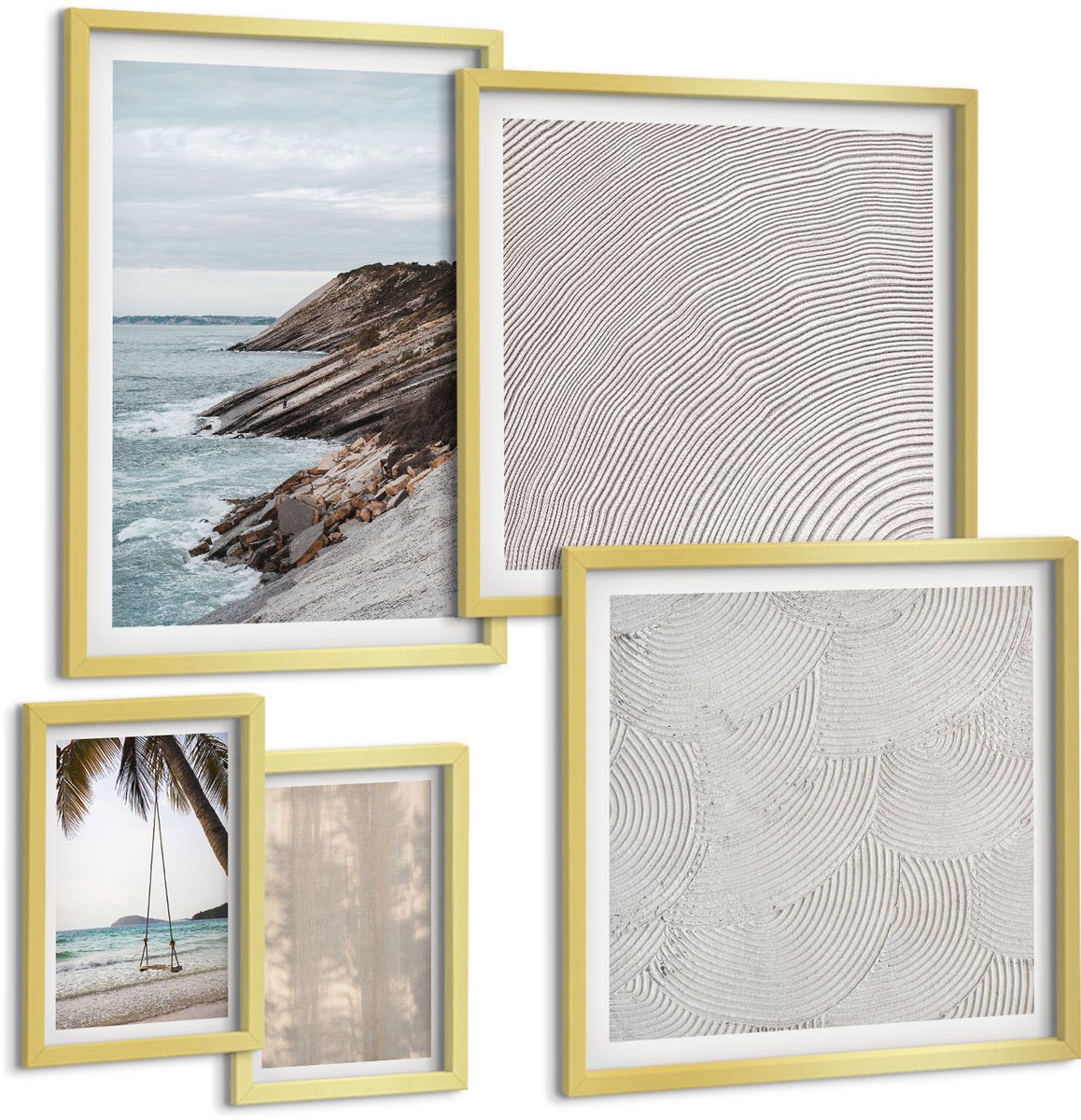 Coloray 5-Delige Schilderij Set - Zomers Zand En Uitzicht Op Zee Zomerse Landschappen - 50 x 50 cm, 20 x 30 cm En 40 x 60 cm - Muurdecoratie - Wanddecoratie - Hal
