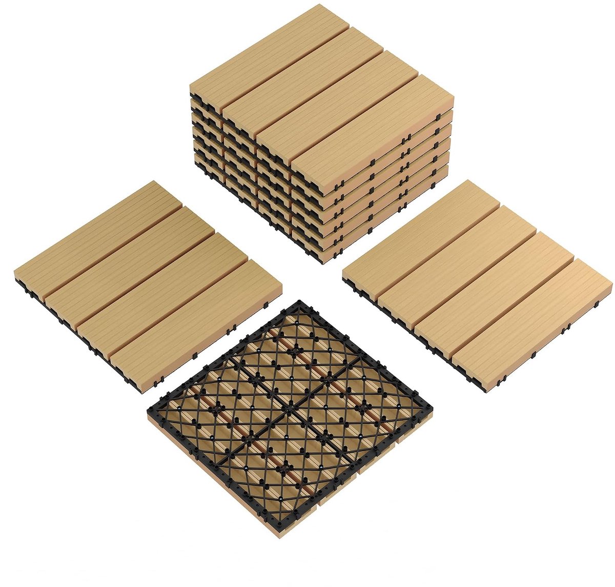 9 Stuks Kliktegels voor Balkon & Terras - Kunststof Vlonders 30x30 cm - Anti-Slip & Waterdoorlatend - Onderhoudsvrij - Teak Houtlook