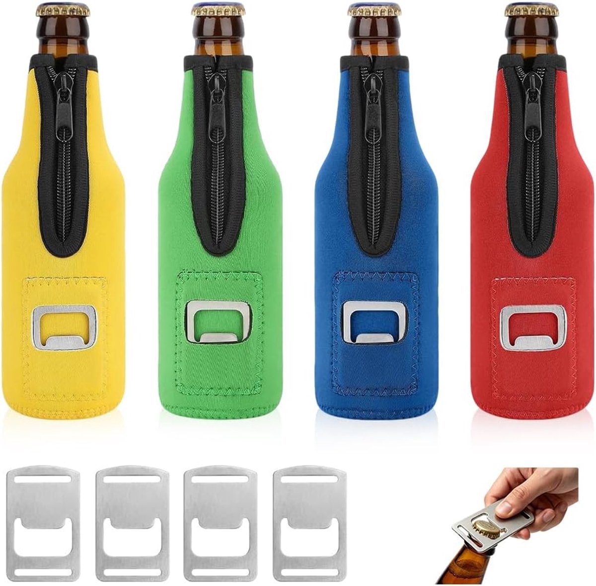 4 x 330ml flessenwarmers - Neopreen geïsoleerde hoezen met ritssluiting en ingebouwde flesopener, herbruikbaar, antislip, geschikt voor bier en andere dranken (4 kleuren)