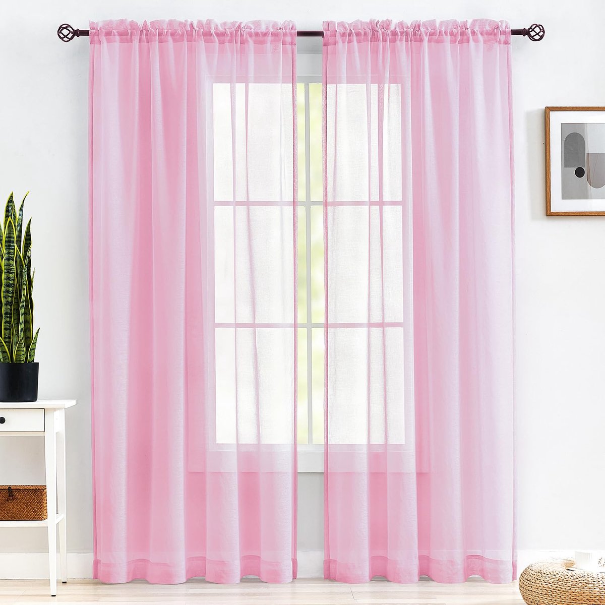 Gordijnen, 213,4 cm lang, doorzichtige gordijnen met stangzak, slaapkamer, 2 panelen, halfgekreukte voile, raamdecoraties, roze, 132,1 cm b x 213,4 cm L