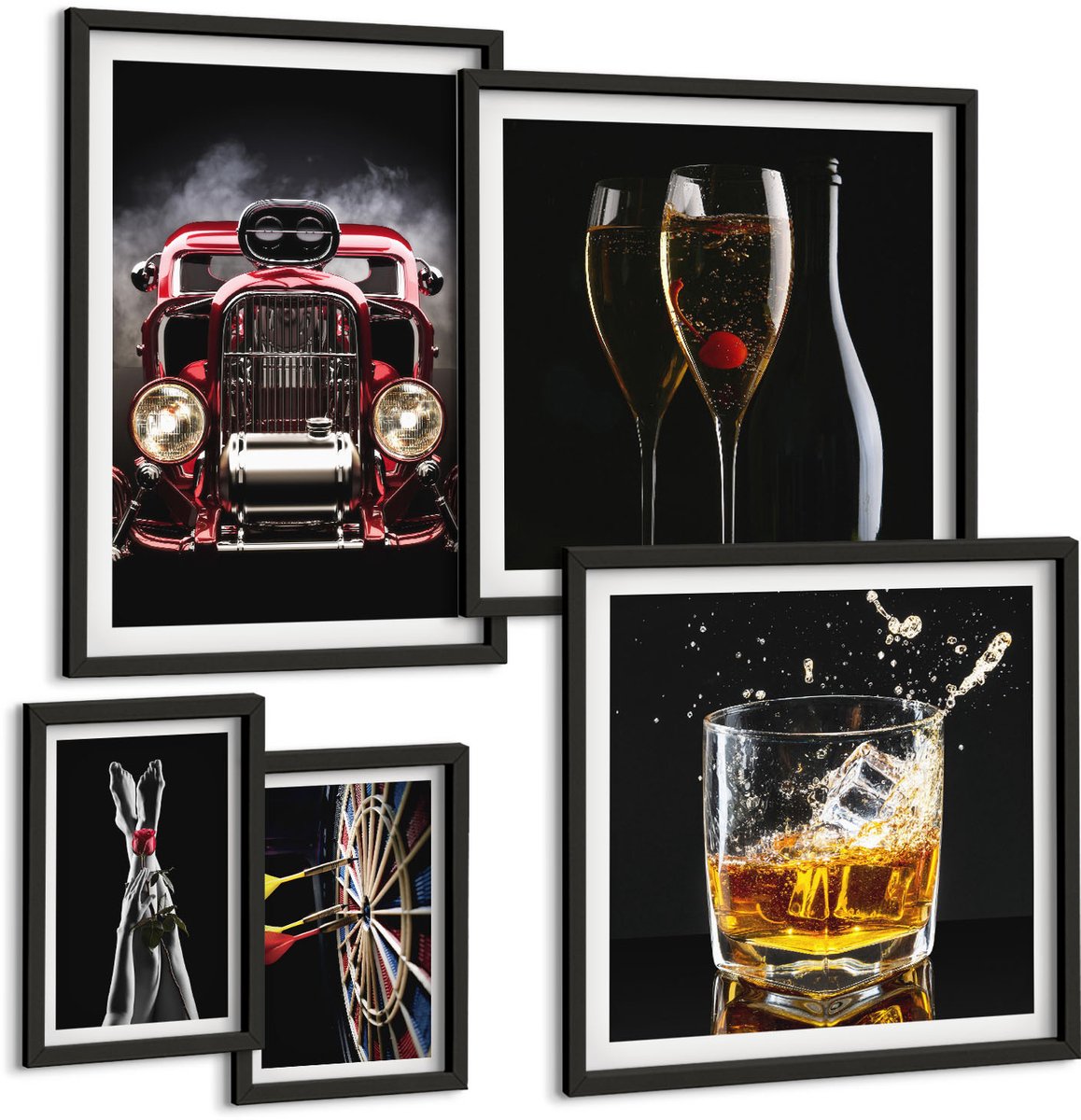 Coloray 5-Delige Schilderij Set - Stijlvolle Retrothema'S Met Auto'S En Drankjes - 50 x 50 cm, 20 x 30 cm En 40 x 60 cm - Muurdecoratie - Schilderijen Set - Woonkamer - Woonkamer Decoratie Zwarte lijst
