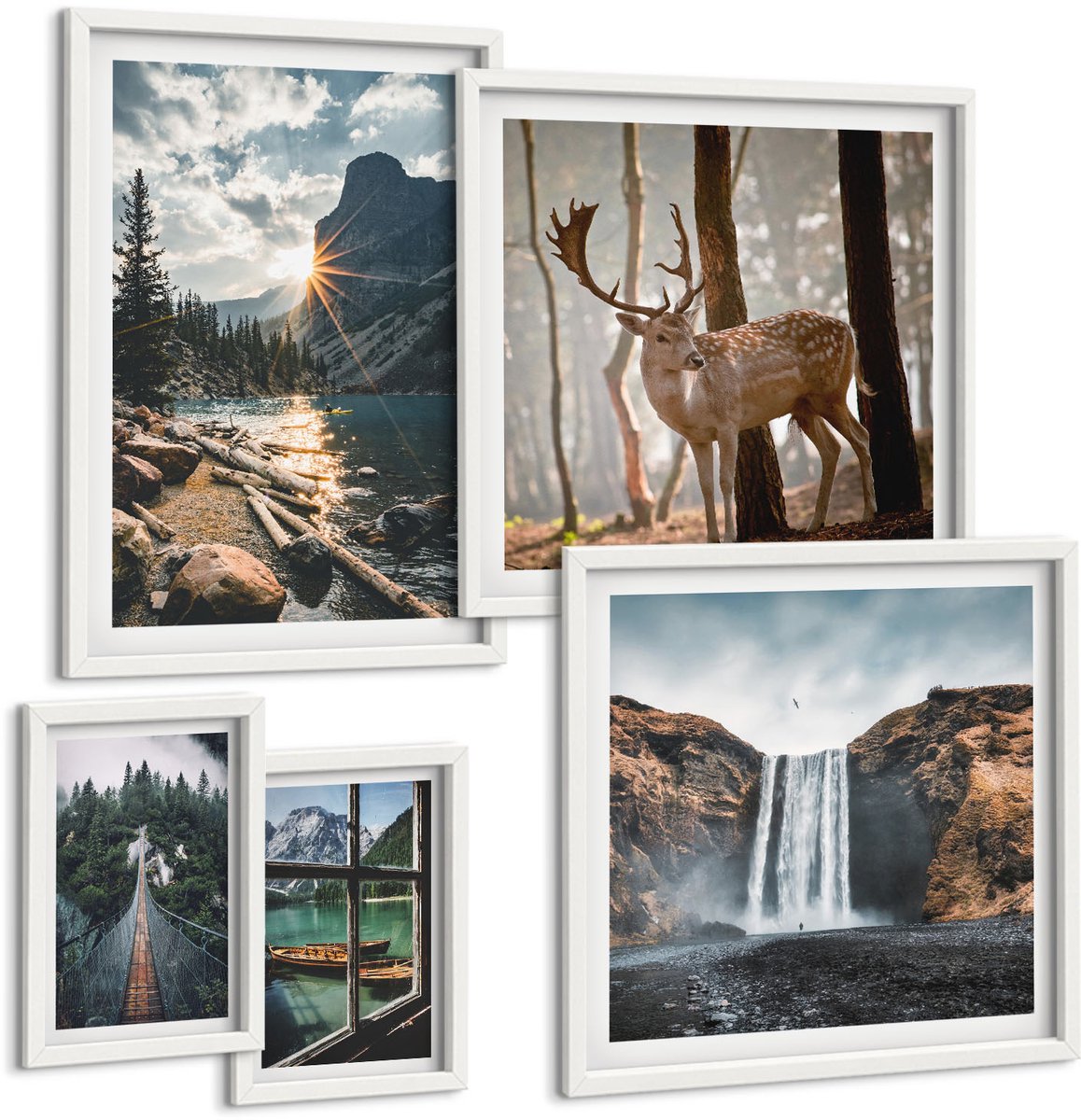 Coloray 5-Delige Schilderij Set - Natuurlandschappen Met Watervallen En Wilde Dieren - 50 x 50 cm, 20 x 30 cm En 40 x 60 cm - Muurdecoratie - Wanddecoratie - Slaapkamer - Stijlvolle Muurdecoratie
