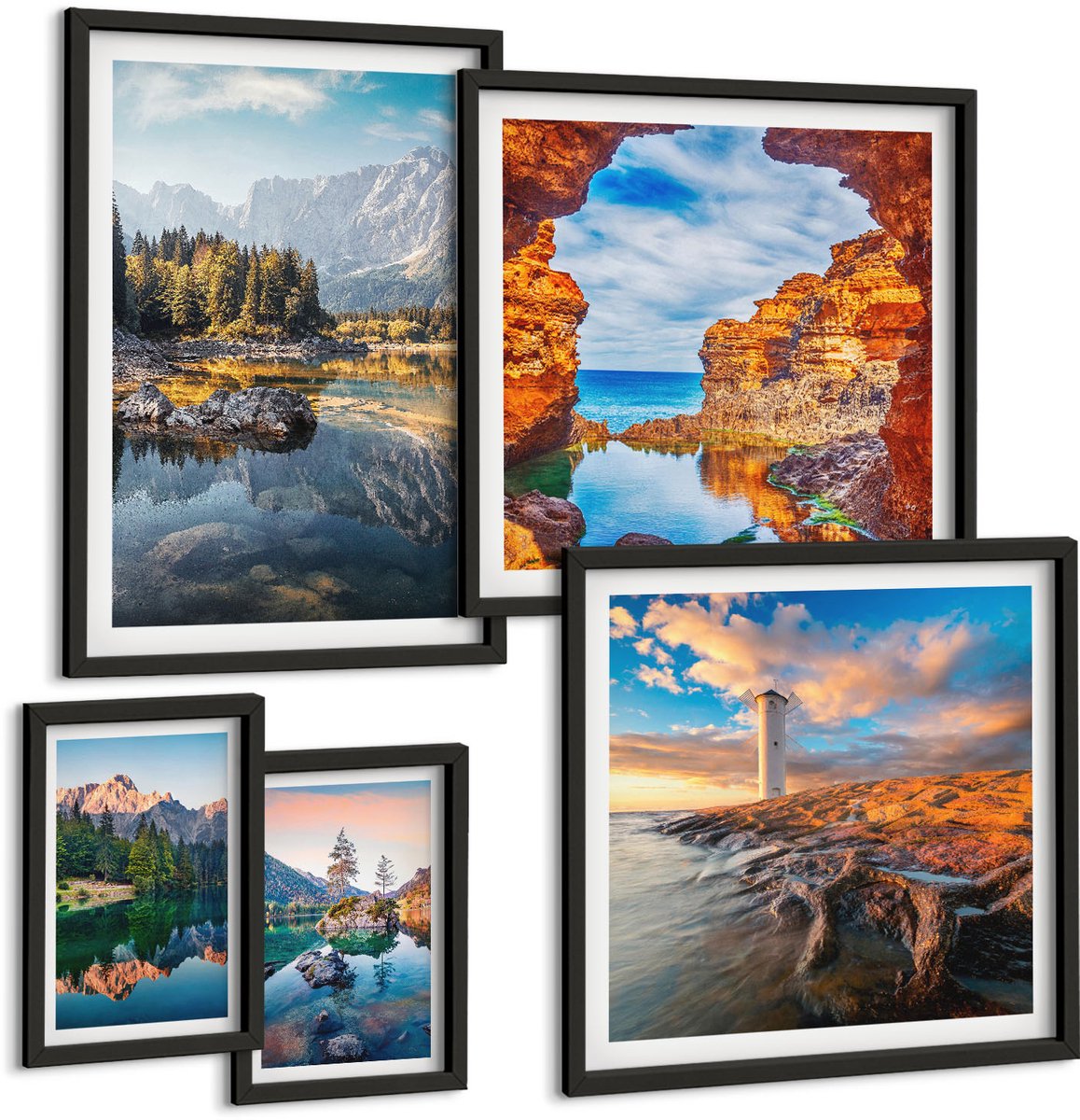 Coloray 5-Delige Schilderij Set - Natuurlijke Berg- En Waterlandschappen Met Prachtige Uitzichten - 50 x 50 cm, 20 x 30 cm En 40 x 60 cm - Muurdecoratie - Decoratieve Schilderijen - Wohnzimmer - Wanddecoratie