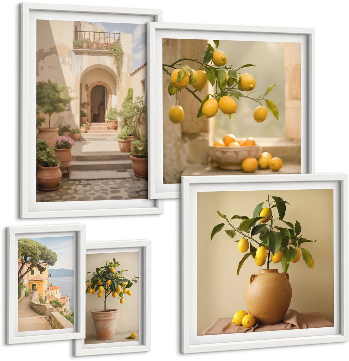 Coloray 5-Delige Schilderij Set - Stijlvolle Citrusdecoraties In Een Rustieke Omgeving - 50 x 50 cm, 20 x 30 cm En 40 x 60 cm - Wanddecoratie - Schilderijen Set - Kantoor - Interieur Decoratie