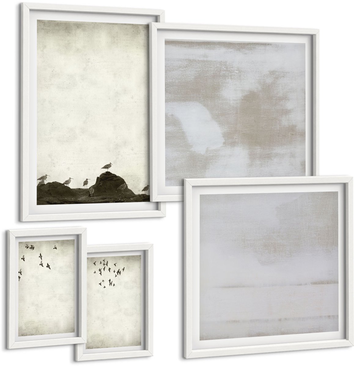 Coloray 5-Delige Schilderij Set - Vliegende Zwerm Vogels, Industriële Texturen - 50 x 50 cm, 20 x 30 cm En 40 x 60 cm - Stijlvolle Wanddecoratie - Interieur - Decoratieve Schilderijen