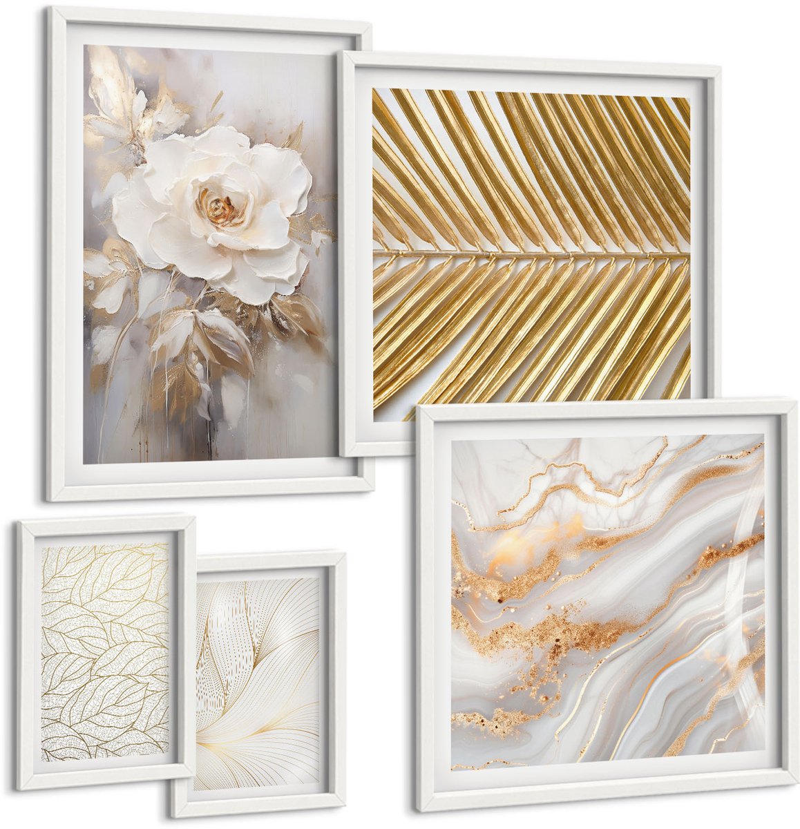 Coloray 5-Delige Schilderij Set - Stijlvolle Plantmotieven Met Delicate Bloemen En Bladeren. - 50 x 50 cm, 20 x 30 cm En 40 x 60 cm - Stijlvolle Muurdecoratie - Kantoor - Wanddecoratie